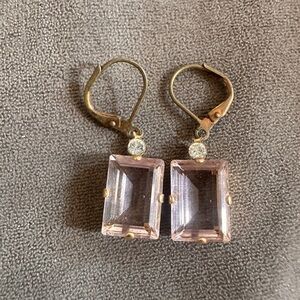 Pink and Gold Geometric Emerald Cut Earrings Crystal Accents Lever-back Bridal